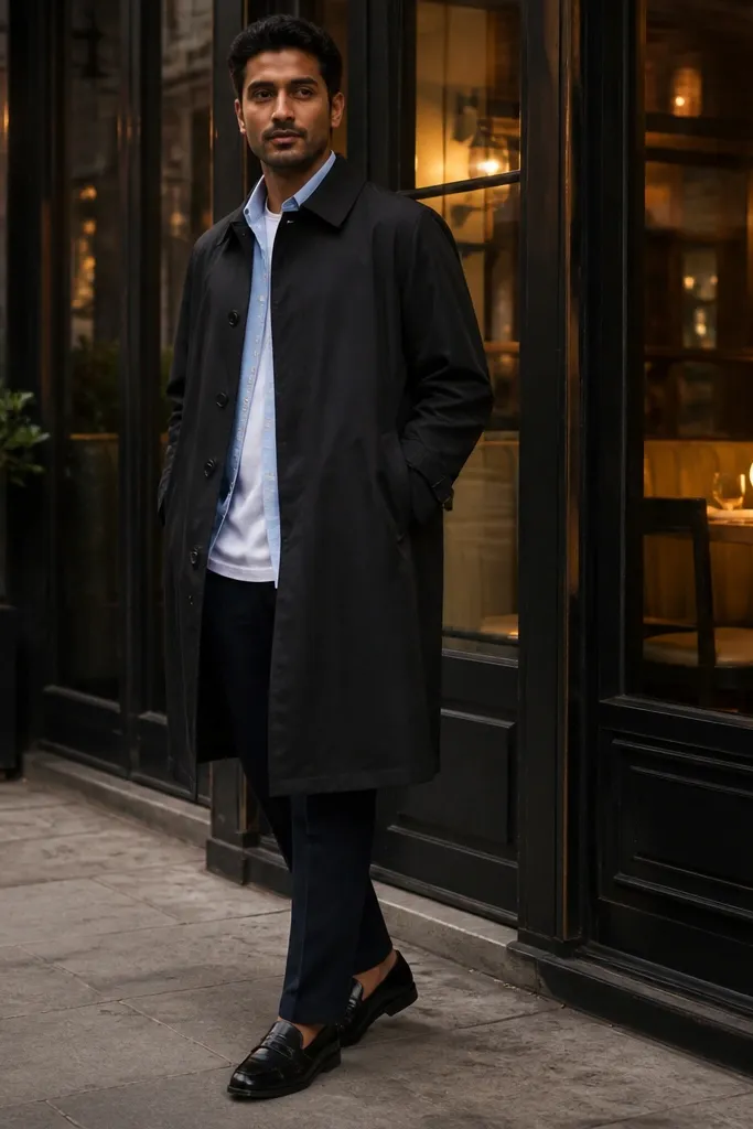 Black trench over a light blue dress shirt with a white tee and dark trousers, black loafers