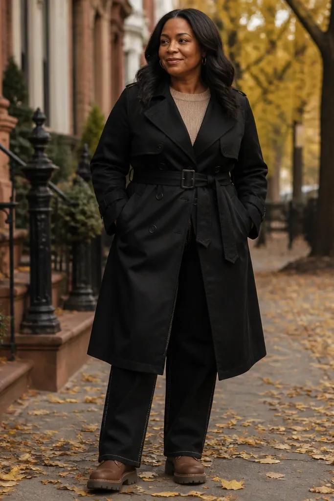 Black trench over a beige knit sweater with black denim and brown workwear boots
