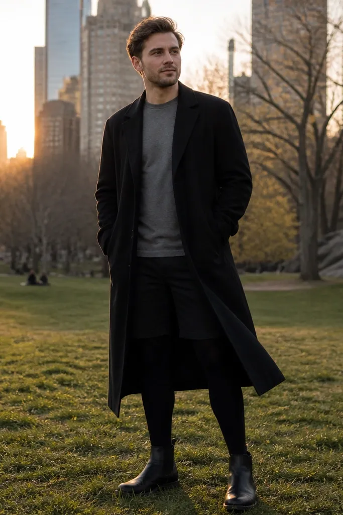 Black trench over a grey tee with black shorts, tights, and dark boots