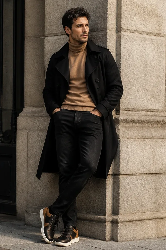 Black trench over a tan turtleneck with black jeans and black-and-tan sneakers