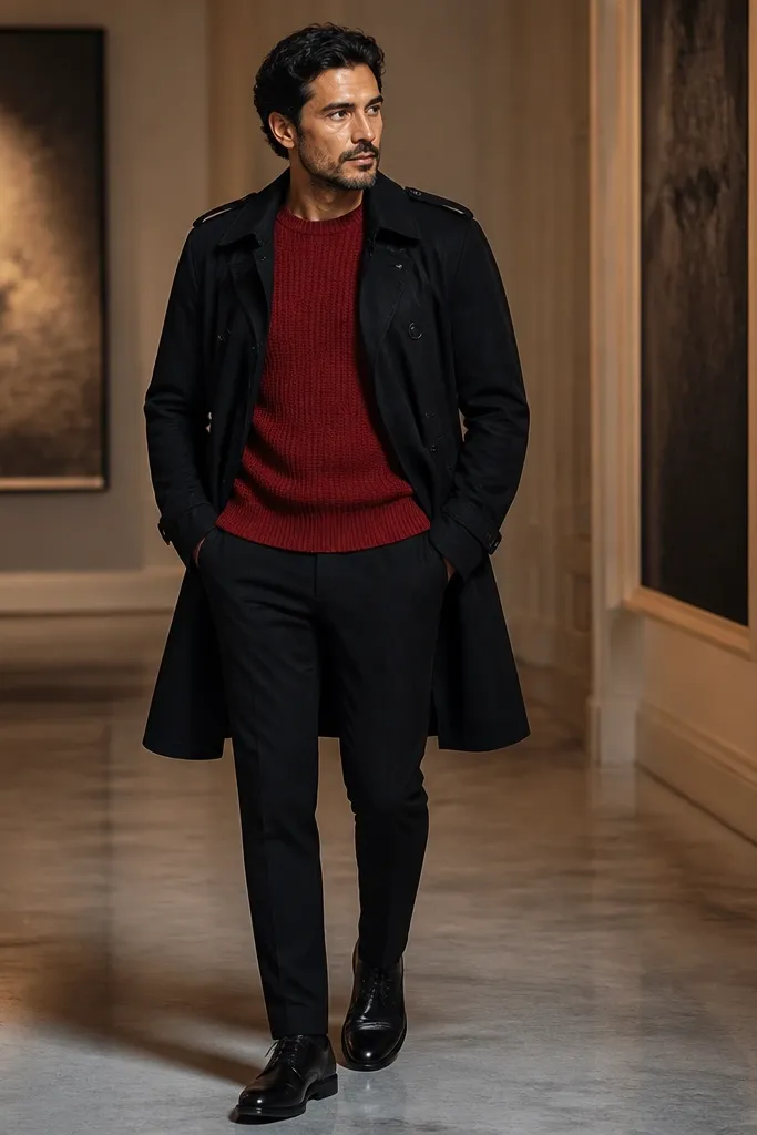Black trench over a red knit sweater with black slim trousers and black derby shoes