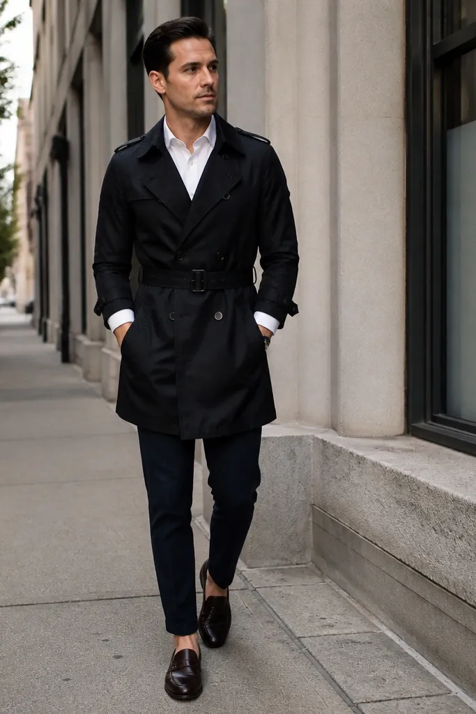 Black trench over a white rolled-sleeve shirt with navy chinos and dark brown loafers