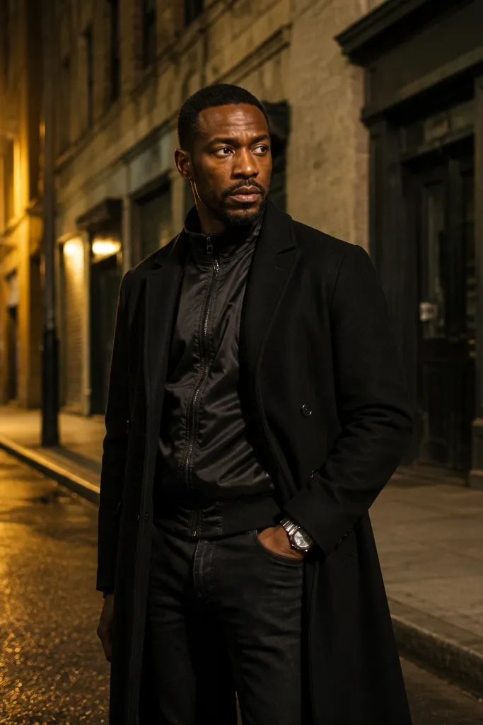 Black trench over a black satin bomber with black jeans and a silver watch