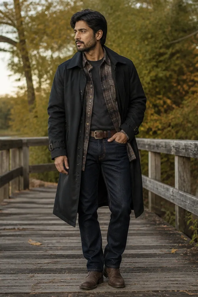 Black trench over a checked flannel with dark denim and tan belt, brown boots