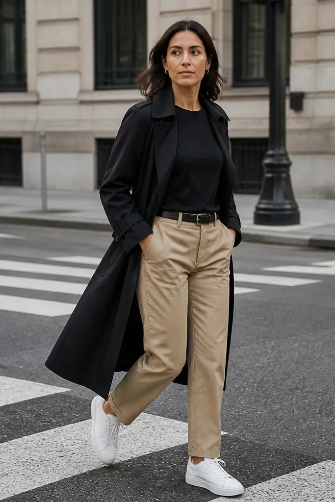 Black trench over a black t-shirt with khaki chinos and white leather sneakers