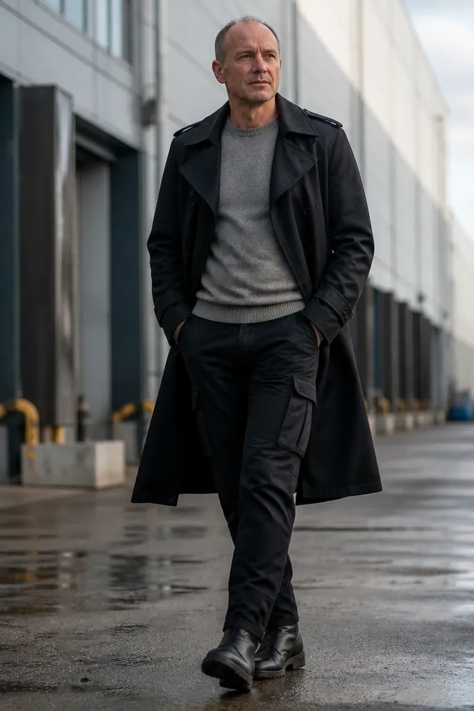 Black trench over a grey crewneck sweater with black cargo pants and black boots