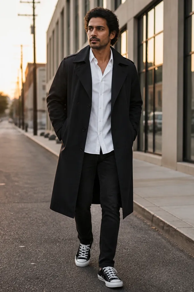 Black trench over a white button-down with black jeans and black-and-white sneakers