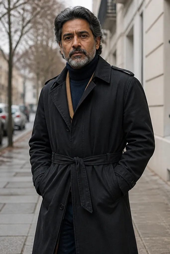 Black trench over a navy turtleneck with a camel underlayer and dark jeans
