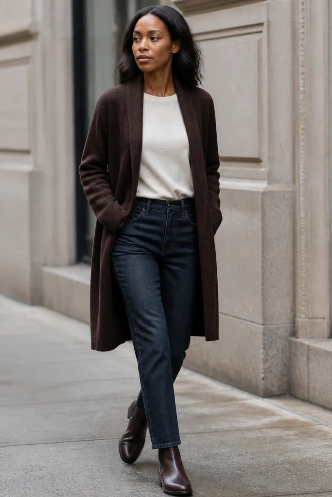Espresso long cardigan over a cream tee with dark jeans and brown Chelsea boots