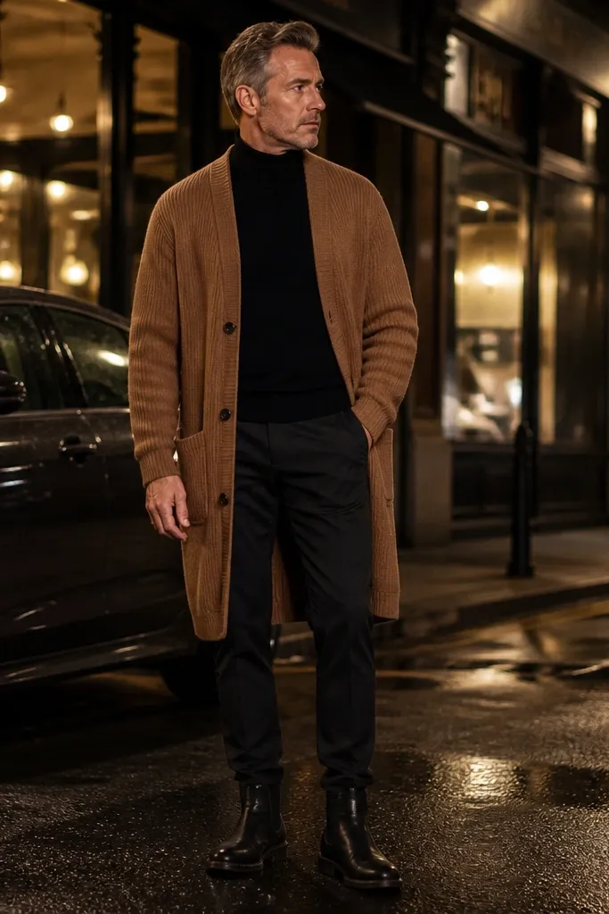 Camel long cardigan over a black turtleneck with charcoal chinos and black boots