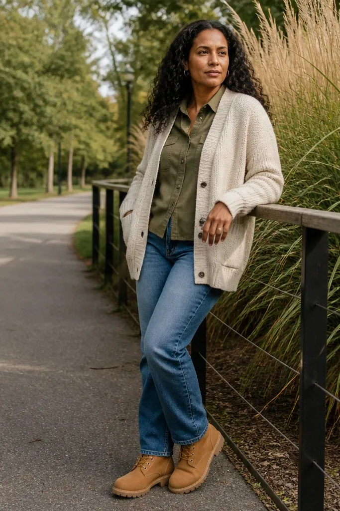 Oatmeal long cardigan over an olive shirt with medium-wash jeans and tan boots