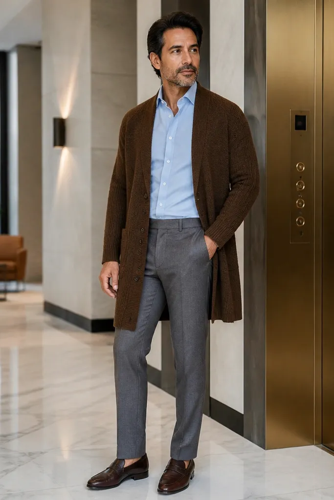 Long brown cardigan over a light blue shirt with gray trousers and dark brown loafers