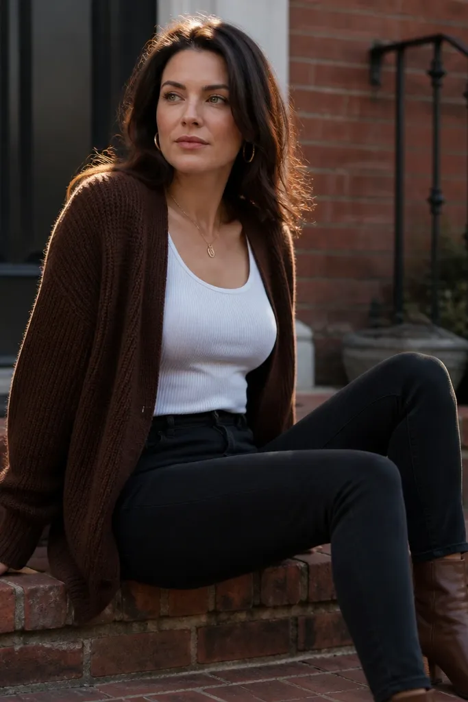 Chocolate long cardigan over a white ribbed tank with black jeans and brown heeled boots