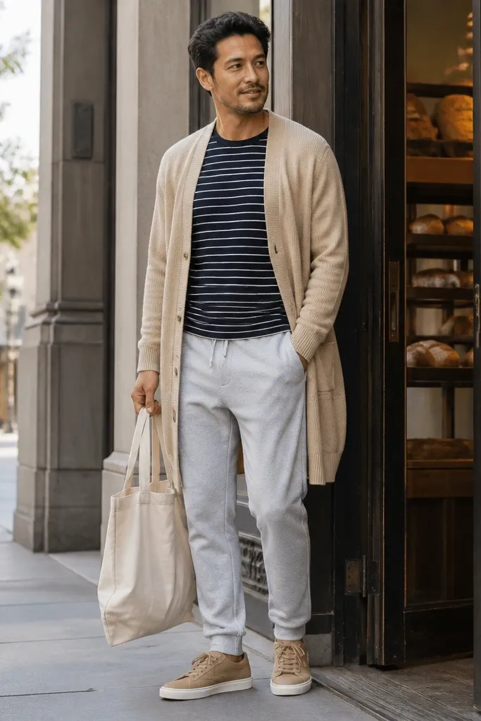 Tan long cardigan over a navy striped tee with light gray sweatpants and tan sneakers