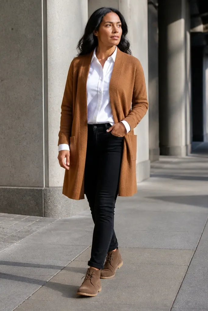 Caramel long cardigan over a white button-down with black jeans and brown suede boots