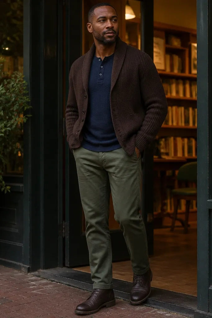 Espresso long cardigan over a navy henley with olive chinos and dark brown lace-up boots