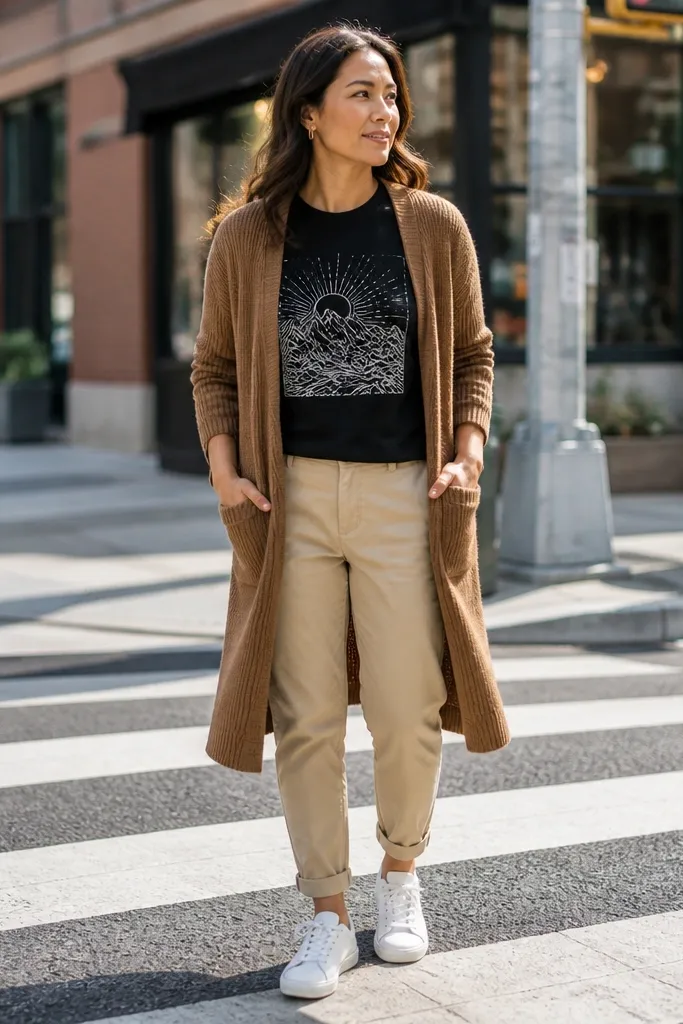 Light brown long cardigan over a black graphic tee with sand chinos and white sneakers