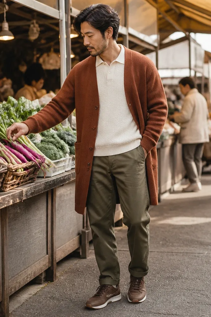 Rust-brown long cardigan over a cream knit polo with olive jeans and brown sneakers