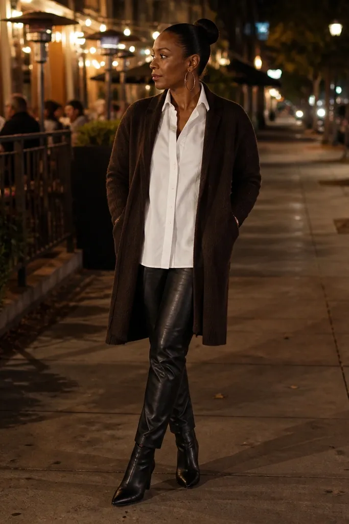 Espresso long cardigan over a white overshirt with black leather pants and ankle boots