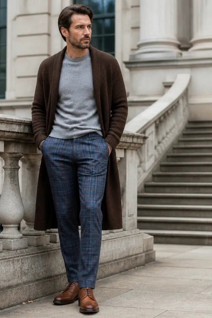 Chocolate long cardigan over a gray crewneck with blue plaid trousers and brown brogues