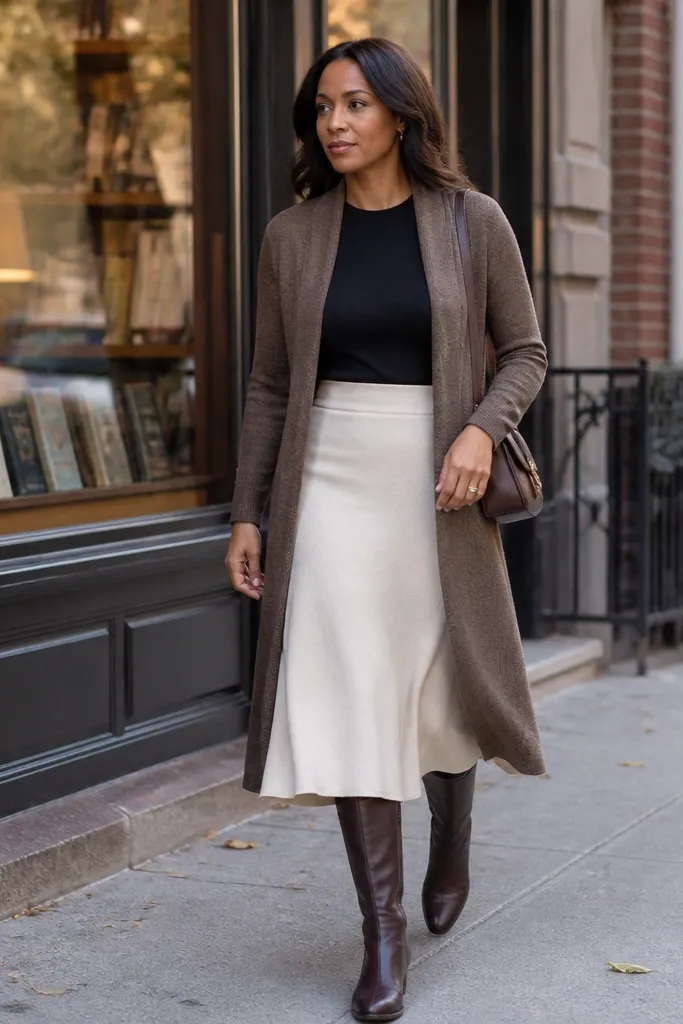 Mocha long cardigan over a black tee with a cream midi skirt and knee-high boots