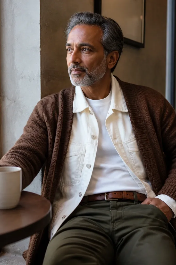 Walnut long cardigan over a white shirt-jacket with dark olive jeans and a brown belt