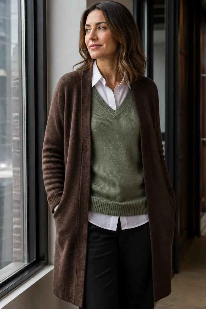 Espresso long cardigan over a sage sweater vest with a white shirt and black trousers