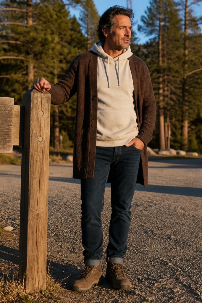 Dark brown long cardigan over an off-white hoodie with navy jeans and brown hiking boots