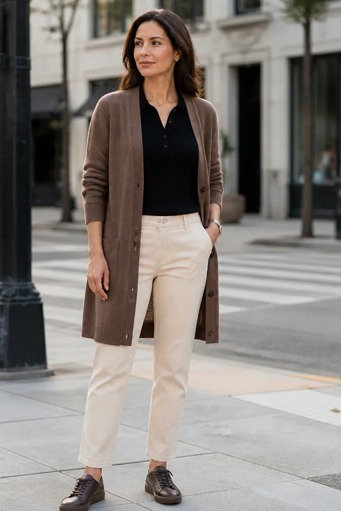 Medium brown long cardigan over a black knit polo with cream chinos and brown leather sneakers