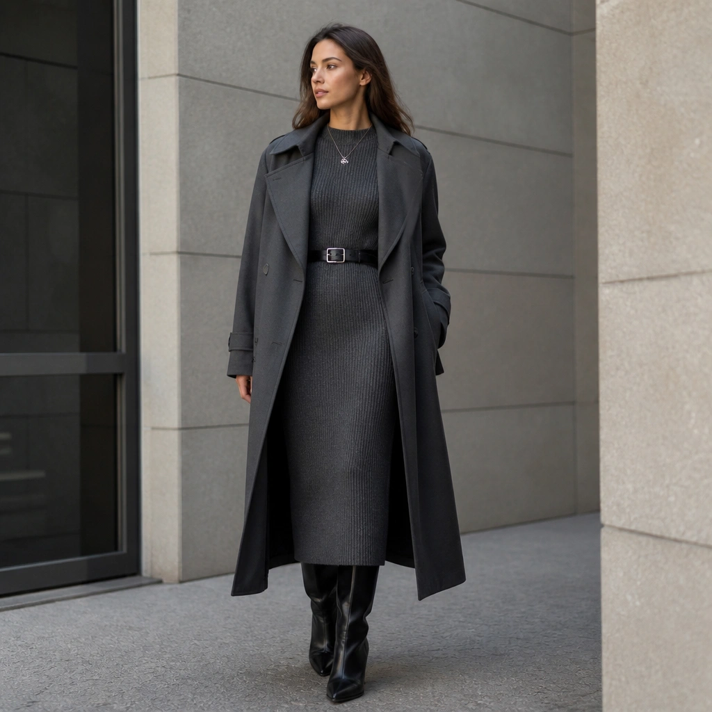 A dark grey knit midi dress layered under a charcoal-grey long trench coat; the model wears glossy black knee-high boots and a structured black belt; silver necklace visible at the collar.