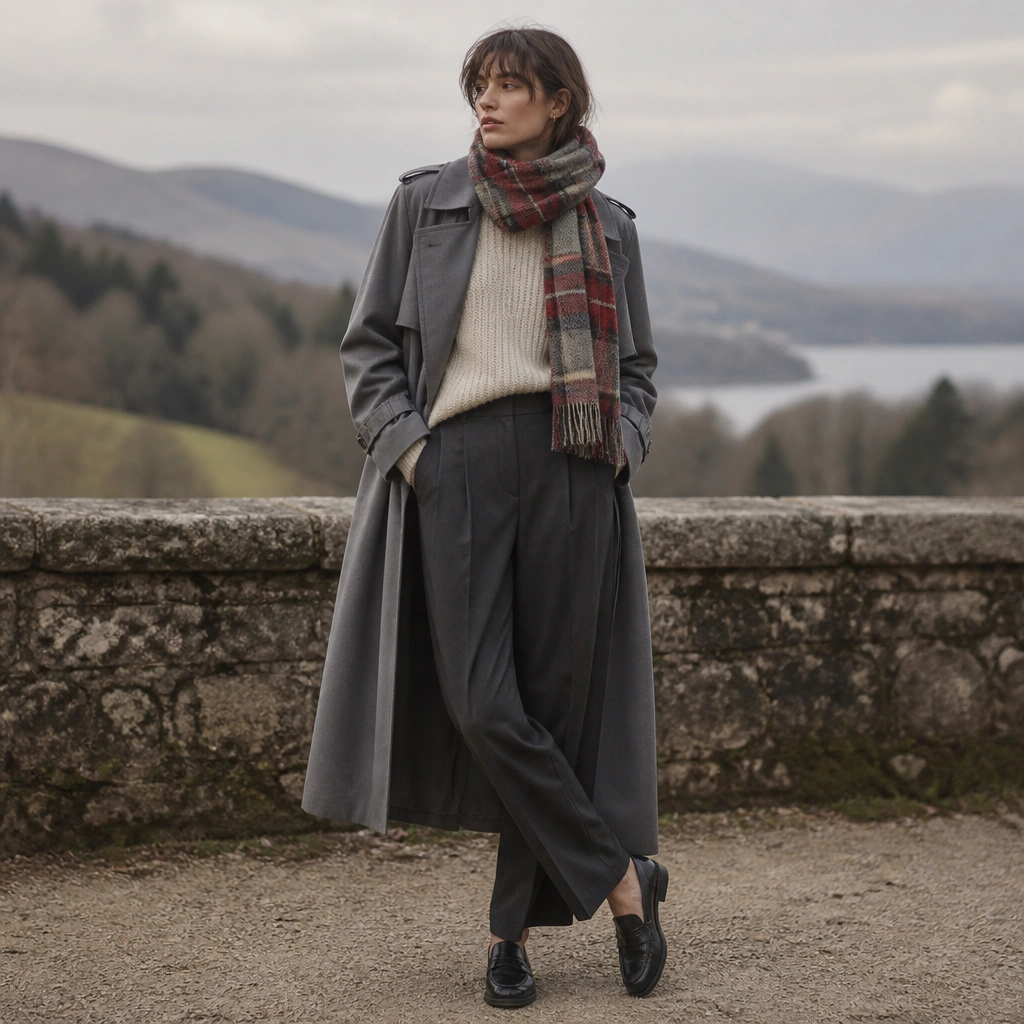 Grey long trench coat worn open over a cream chunky sweater; dark charcoal trousers; a red-and-grey plaid wool scarf wrapped high at the neck; loafers with a low heel.