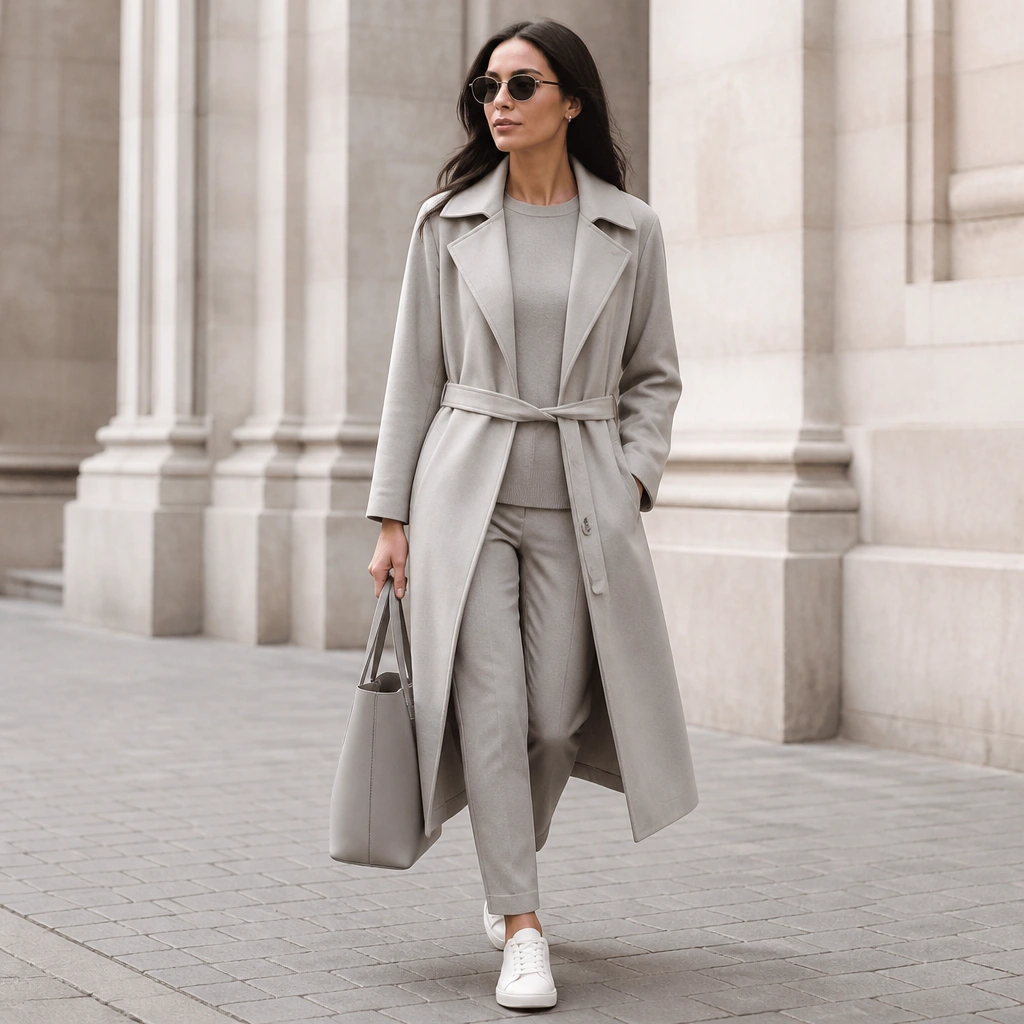 Light grey trench coat over a matching grey sweater set (crewneck and slim trousers); white low-top sneakers; the coat is belted; minimal sunglasses and a light grey tote.