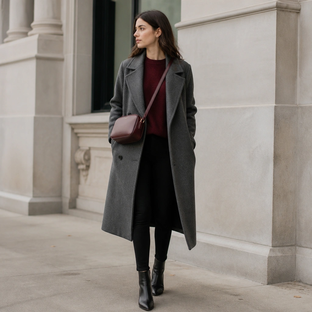 Model in a medium grey long trench coat with a burgundy crewneck sweater; black leggings; burgundy crossbody bag; black ankle boots.