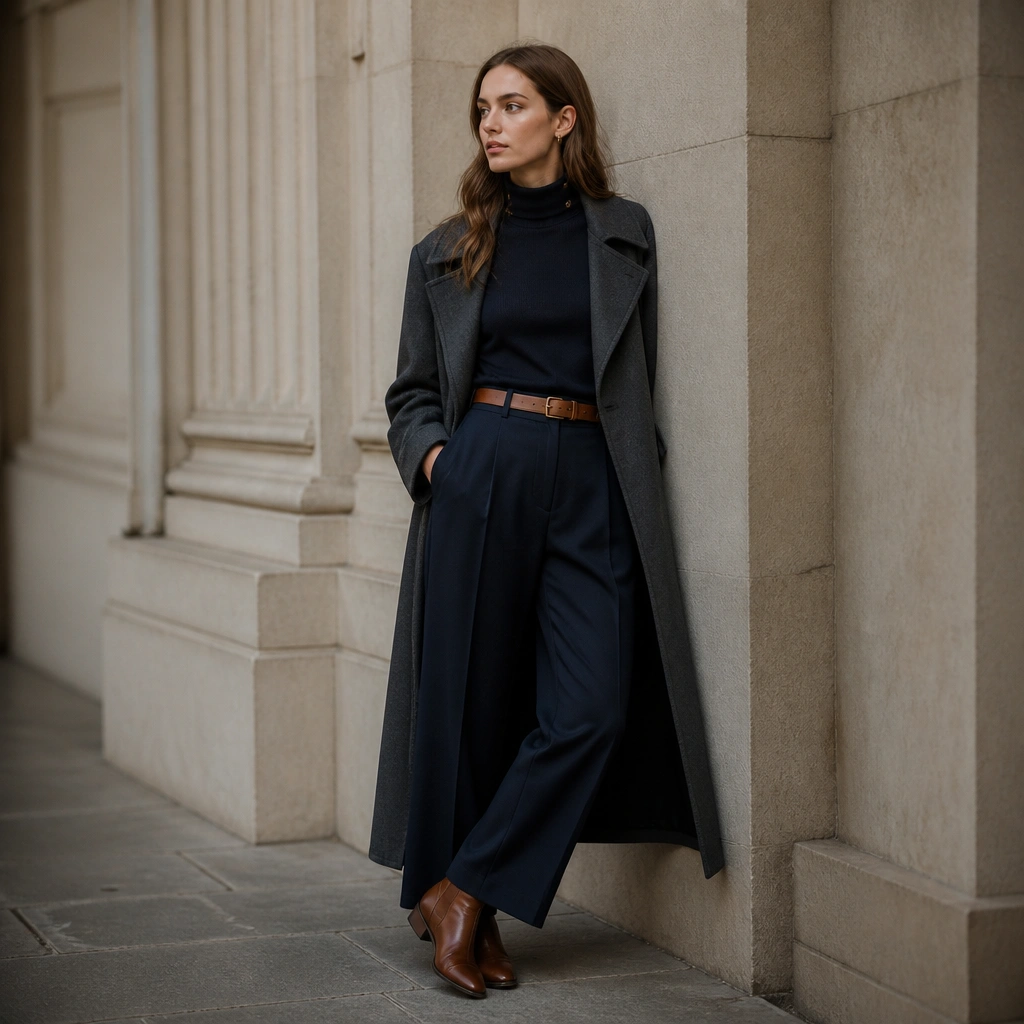 Charcoal-grey long trench coat over a navy turtleneck; wide-leg wool trousers in deep navy; tan leather belt; brown leather boots; gold studs at the collar.