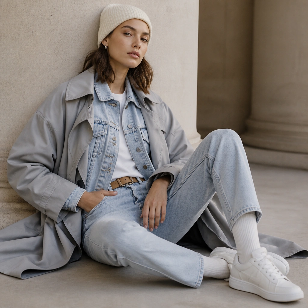 Model wearing a light grey trench coat over a light wash denim jacket and matching jeans; a cream beanie; tan belt; white sneakers; small silver earrings.