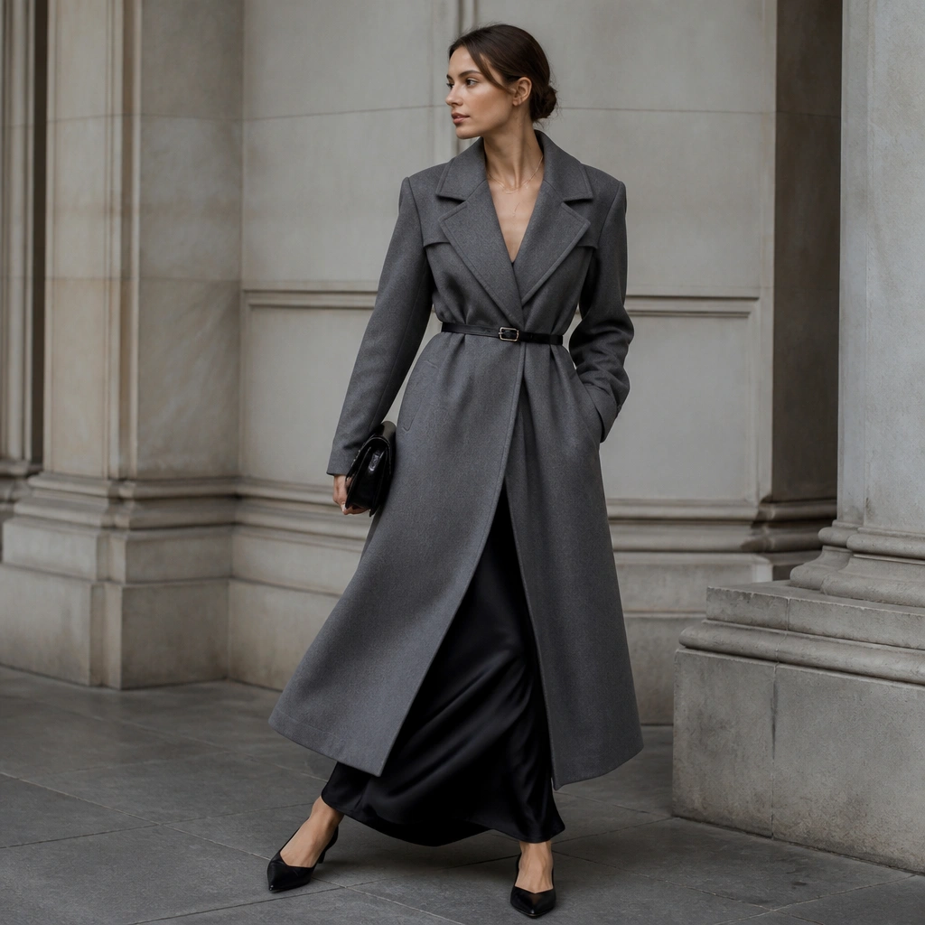 Grey long trench coat worn over a black satin slip skirt; the model uses a thin black belt; pointed-toe flats in black; small clutch bag and delicate chain necklace.