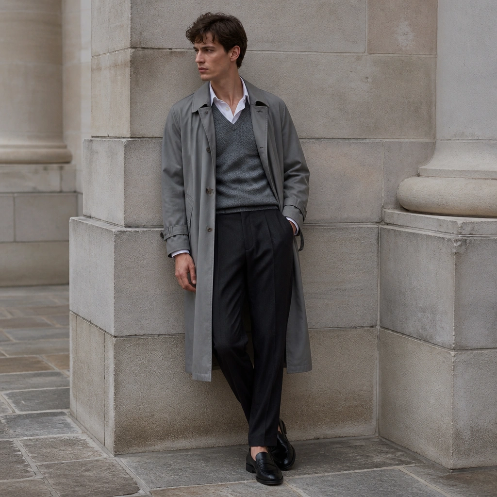 Model wearing a long grey trench coat over a white button-down shirt with a grey knit vest; sleeves slightly cuffed; tailored trousers in charcoal; black leather loafers.