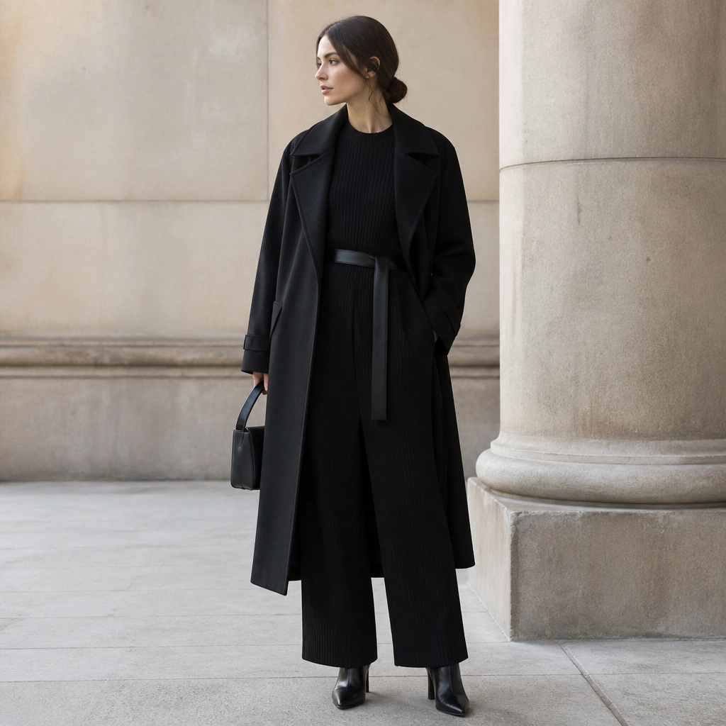 A black long trench coat worn over an all-black knit sweater and matching knit trousers, with a sleek belt tied at the waist; black ankle boots and a small structured bag complete the look.