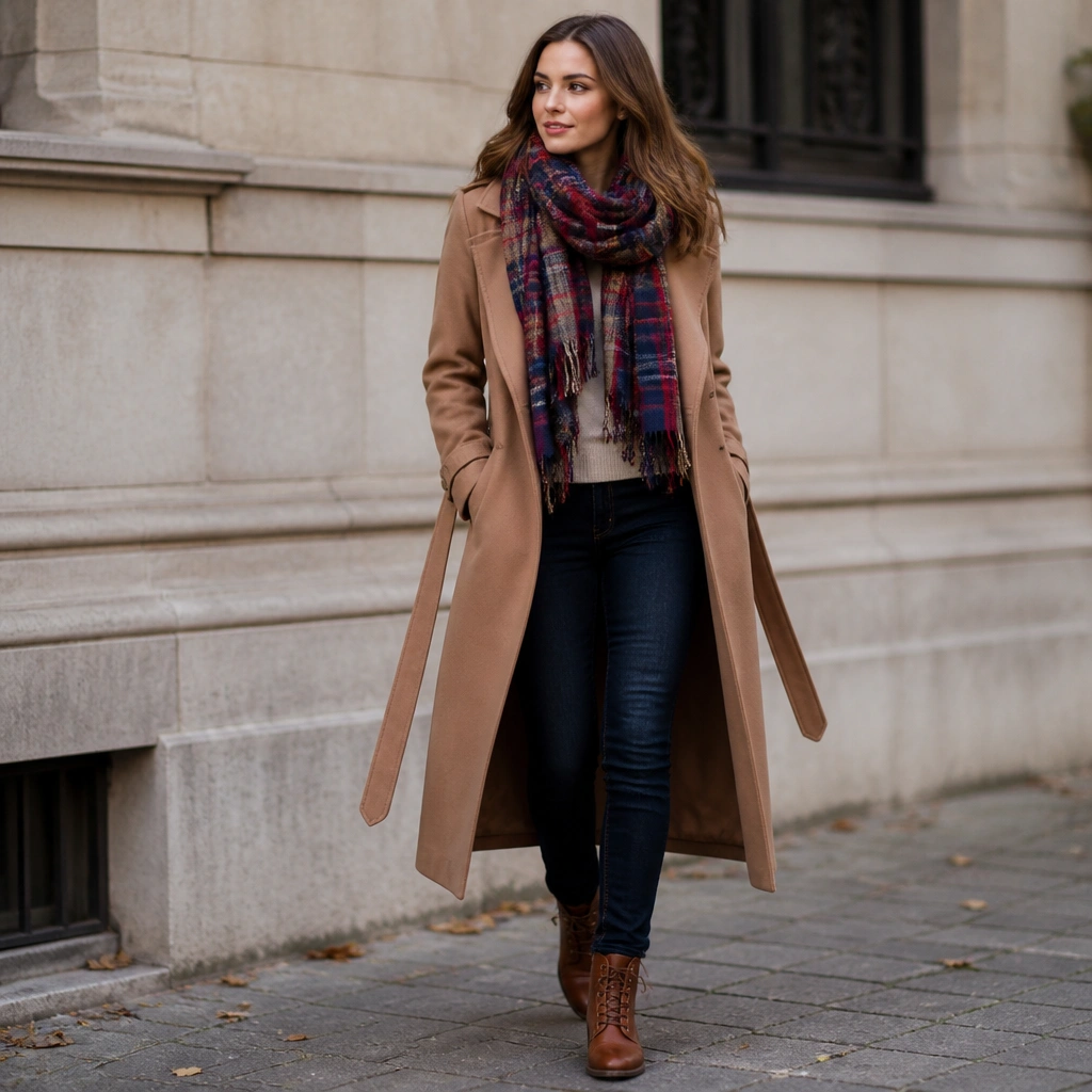A camel long trench coat with a belt worn open, a red-and-navy plaid scarf wrapped at the neck, dark skinny jeans, and brown leather lace-up boots.