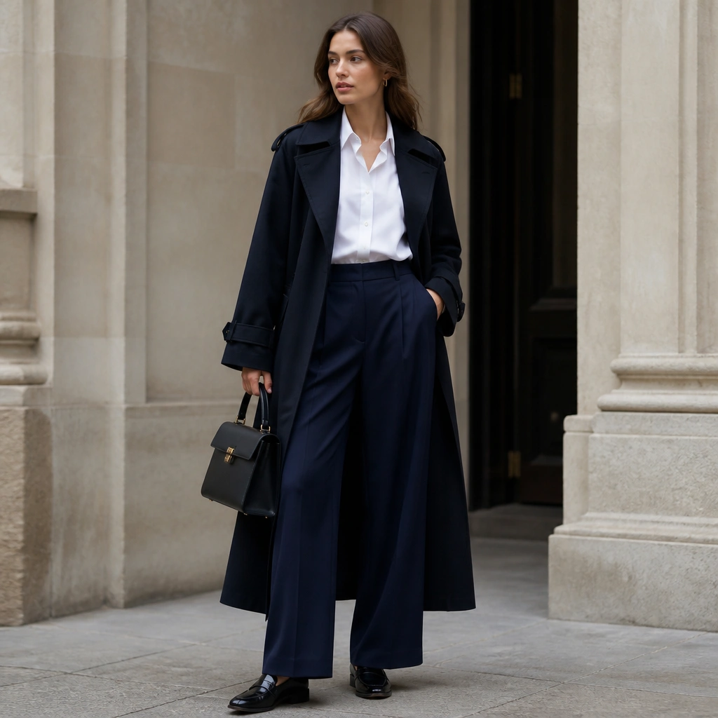 A navy long trench coat over a crisp white button-down tucked into high-waisted wide-leg trousers; the outfit is styled with loafers and a structured top-handle bag.