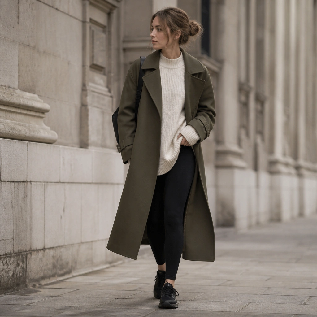 An olive long trench coat layered over a chunky oversized cream sweater, black leggings, and black fashion sneakers; a minimal backpack is worn on the shoulder.