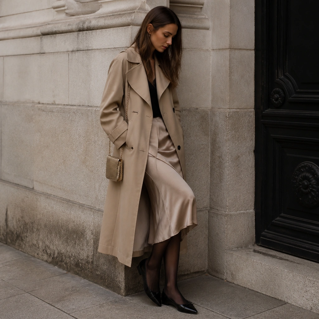 A tan long trench coat worn over a satin slip skirt in warm champagne, paired with sheer black tights and pointed-toe flats; a small gold chain bag hangs at the side.