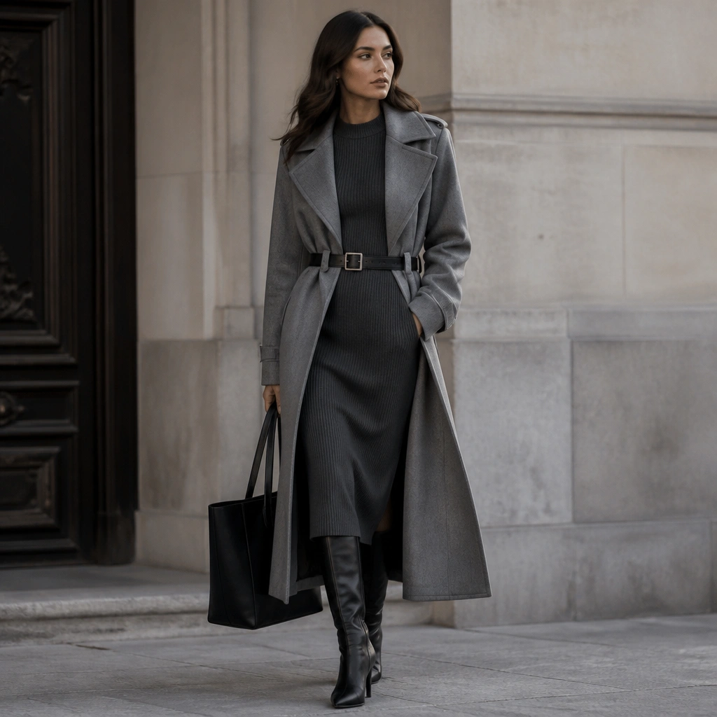 A mid-grey long trench coat over a ribbed midi dress in charcoal, styled with knee-high heeled boots and a slim belt at the trench waist; a leather tote holds the look together.