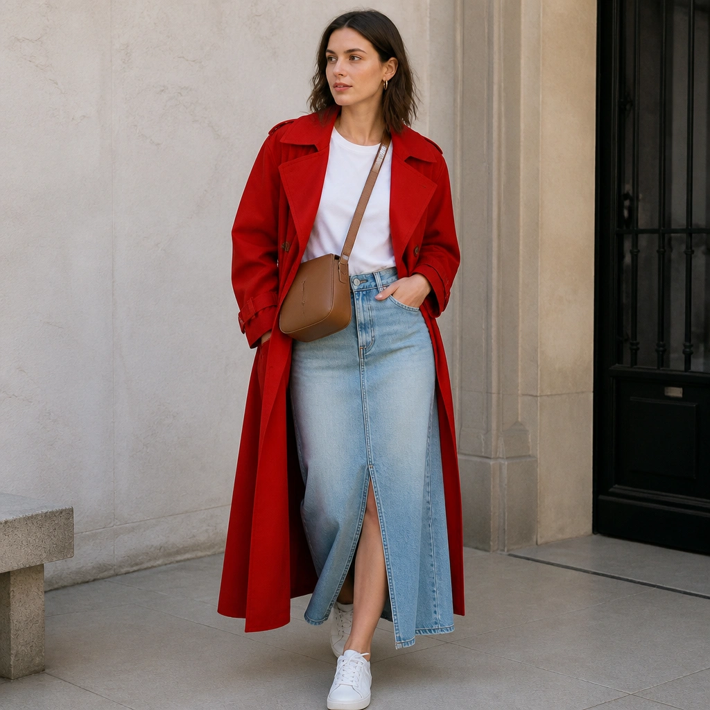 A bold red long trench coat open over a plain white tee, a light-wash denim skirt, and white sneakers; a crossbody bag in tan leather sits across the chest.