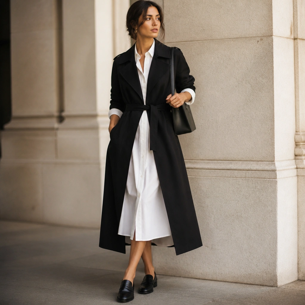 A black long trench coat worn over a crisp white midi shirt dress, with the trench belt tied and the dress sleeves rolled; styling includes black loafers and a structured shoulder bag.
