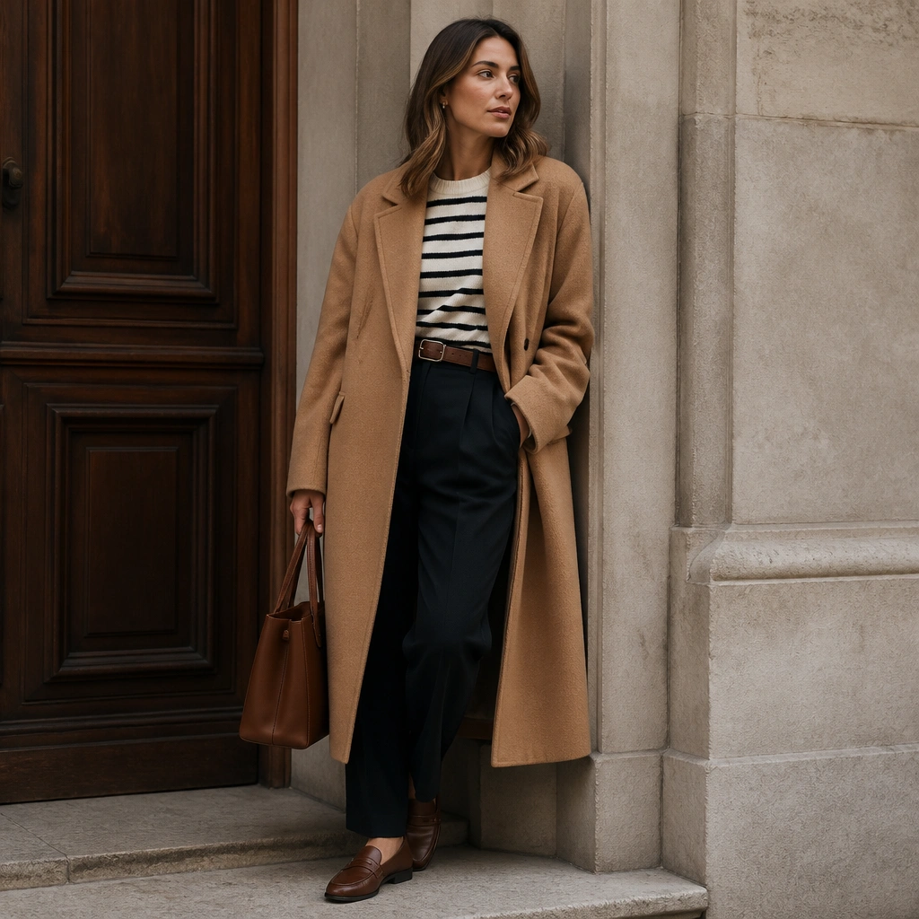 A camel long trench coat over a black-and-cream striped sweater, paired with dark tailored trousers; brown leather belt, loafers, and a small tote complete the look.