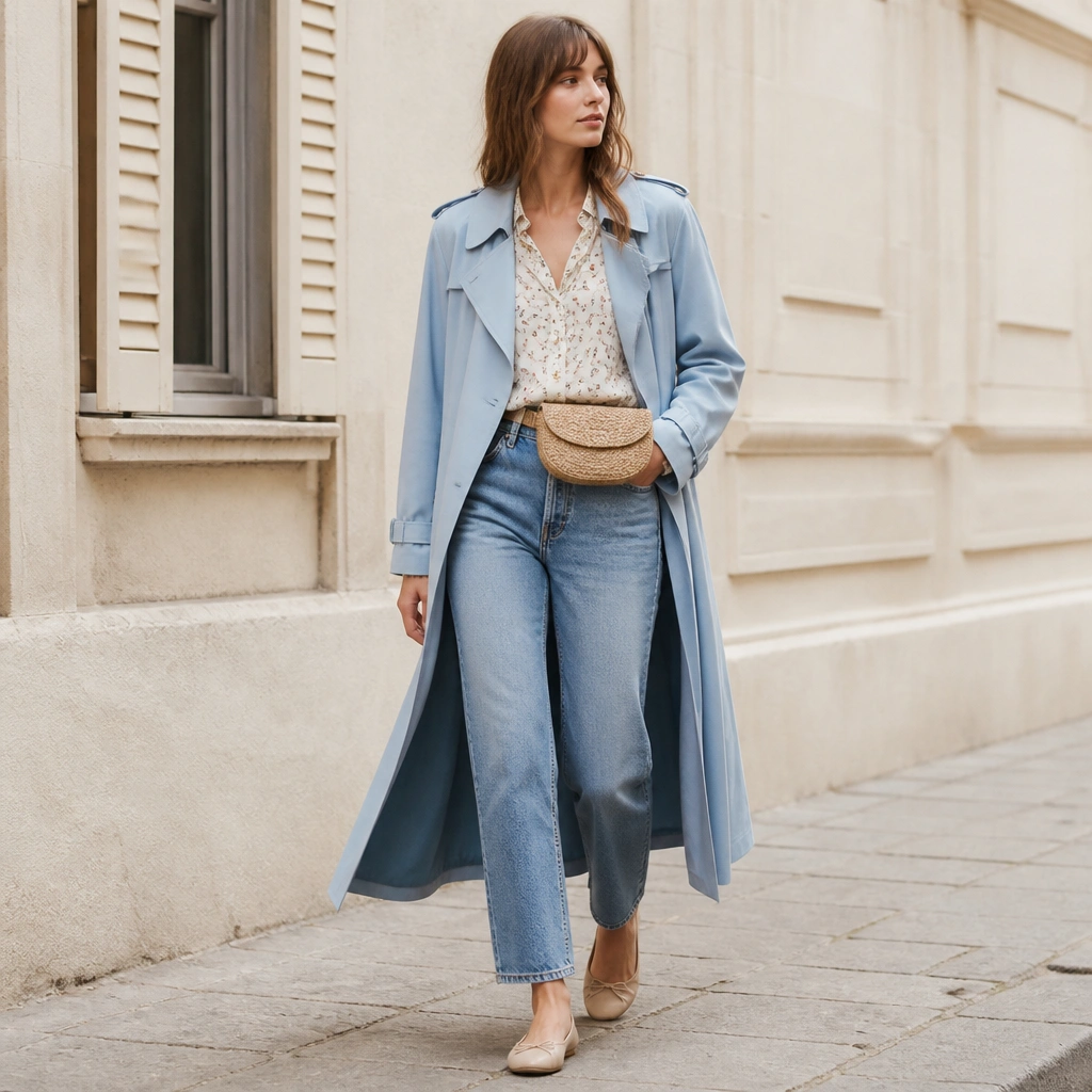 A light blue long trench coat open over a small-scale floral blouse, straight medium-wash jeans, and nude ballet flats; a woven belt bag sits at the waist.