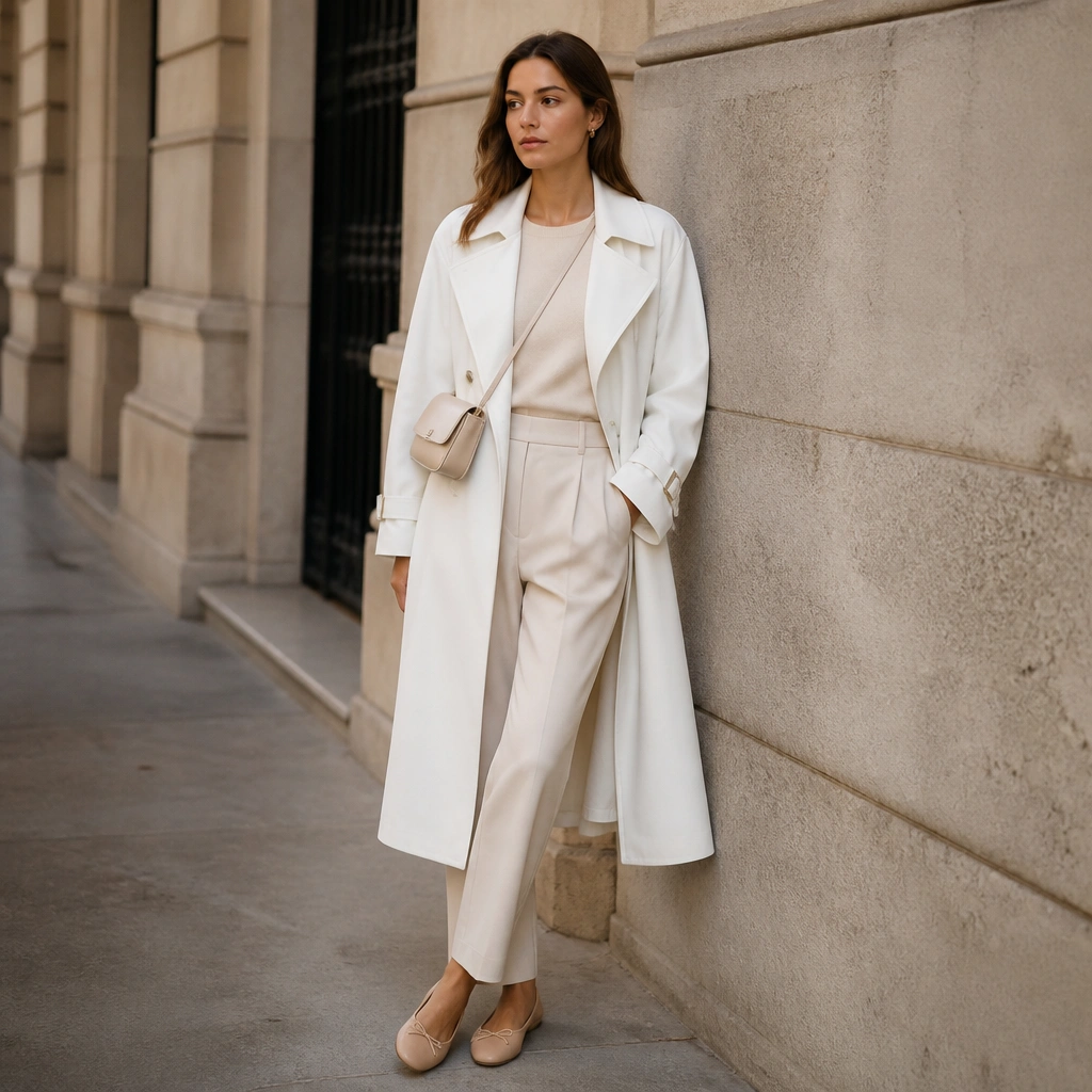 A white long trench coat layered over a cream matching top and trouser set, finished with nude ballet flats and a small crossbody bag.