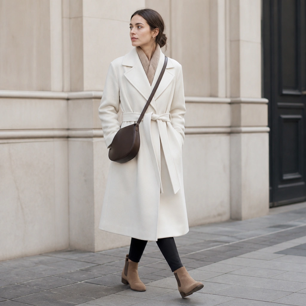 A white long trench coat over black leggings, with a camel knit scarf peeking out at the neck and tan Chelsea boots; a crossbody bag in chocolate brown.