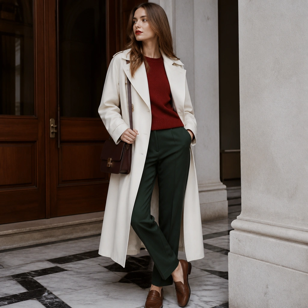 A white long trench coat layered over a deep red knit sweater, paired with dark green tailored trousers and brown loafers; red lipstick and a structured shoulder bag.
